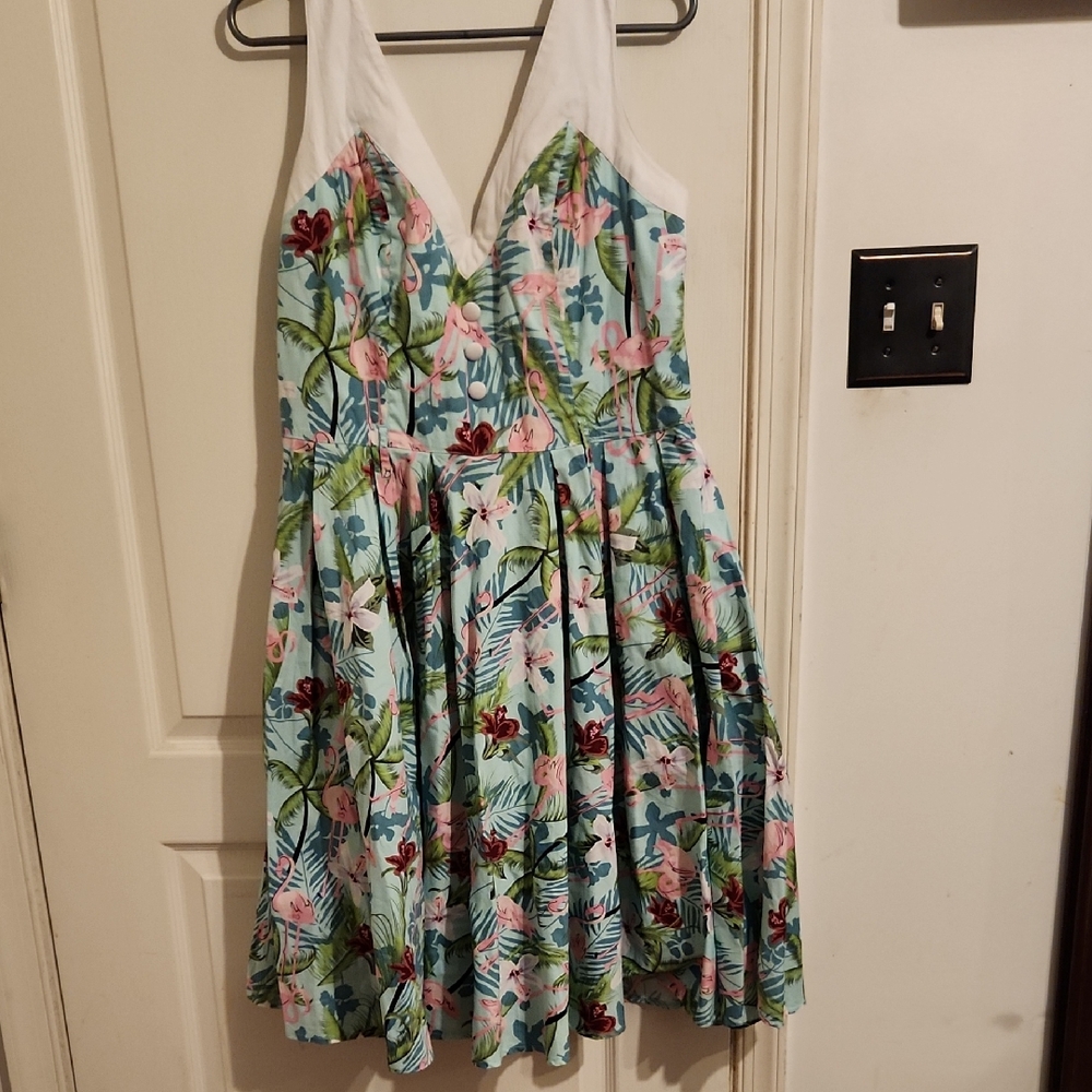 Hell Bunny Tiki Tropical Print Dress with Flamingo And Flowers Print